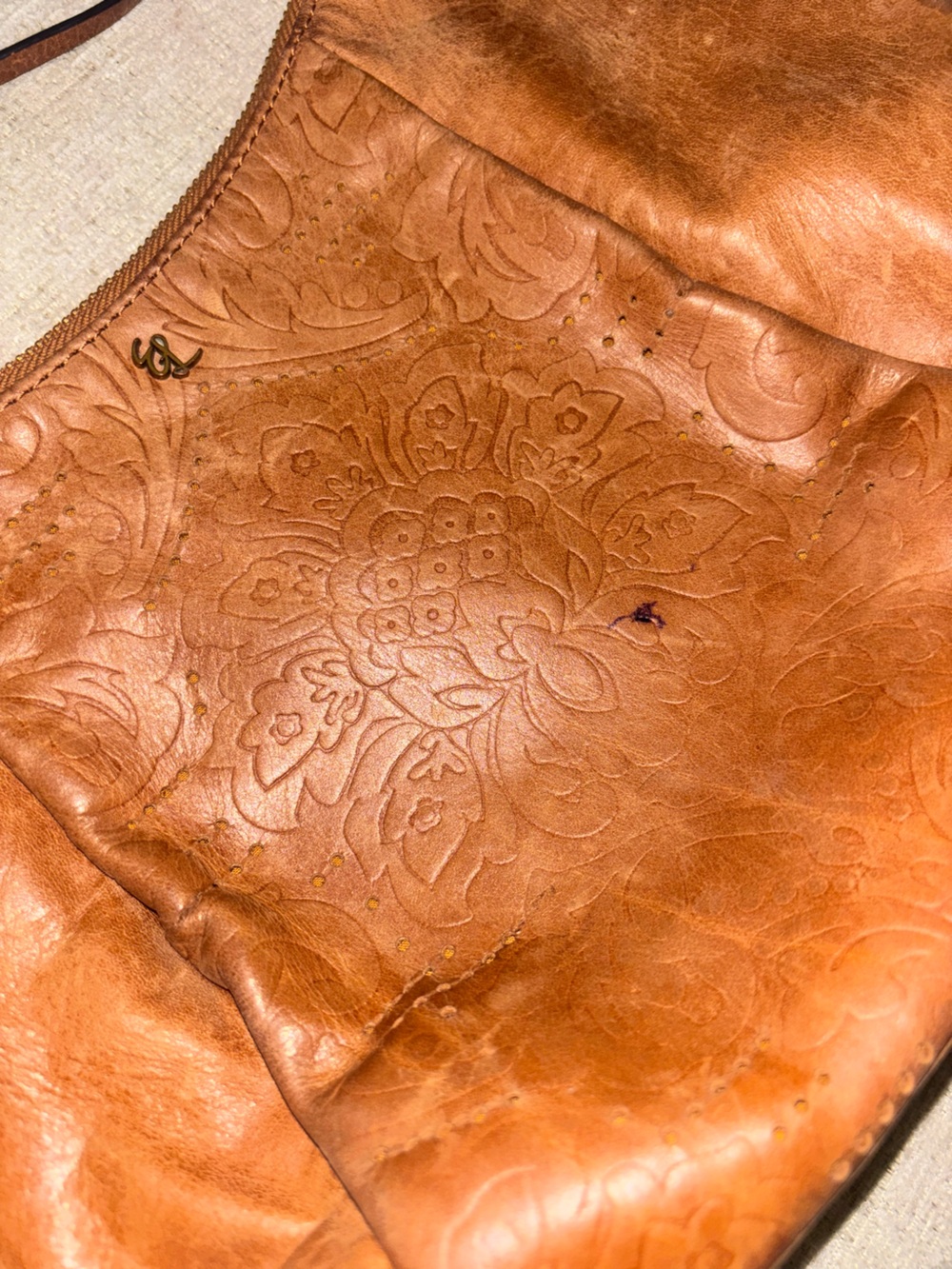 Elliott Lucca Cognac Floral Embossed Hobo Leather Shoulder Bag Purse Brown Boho - Picture 4 of 15